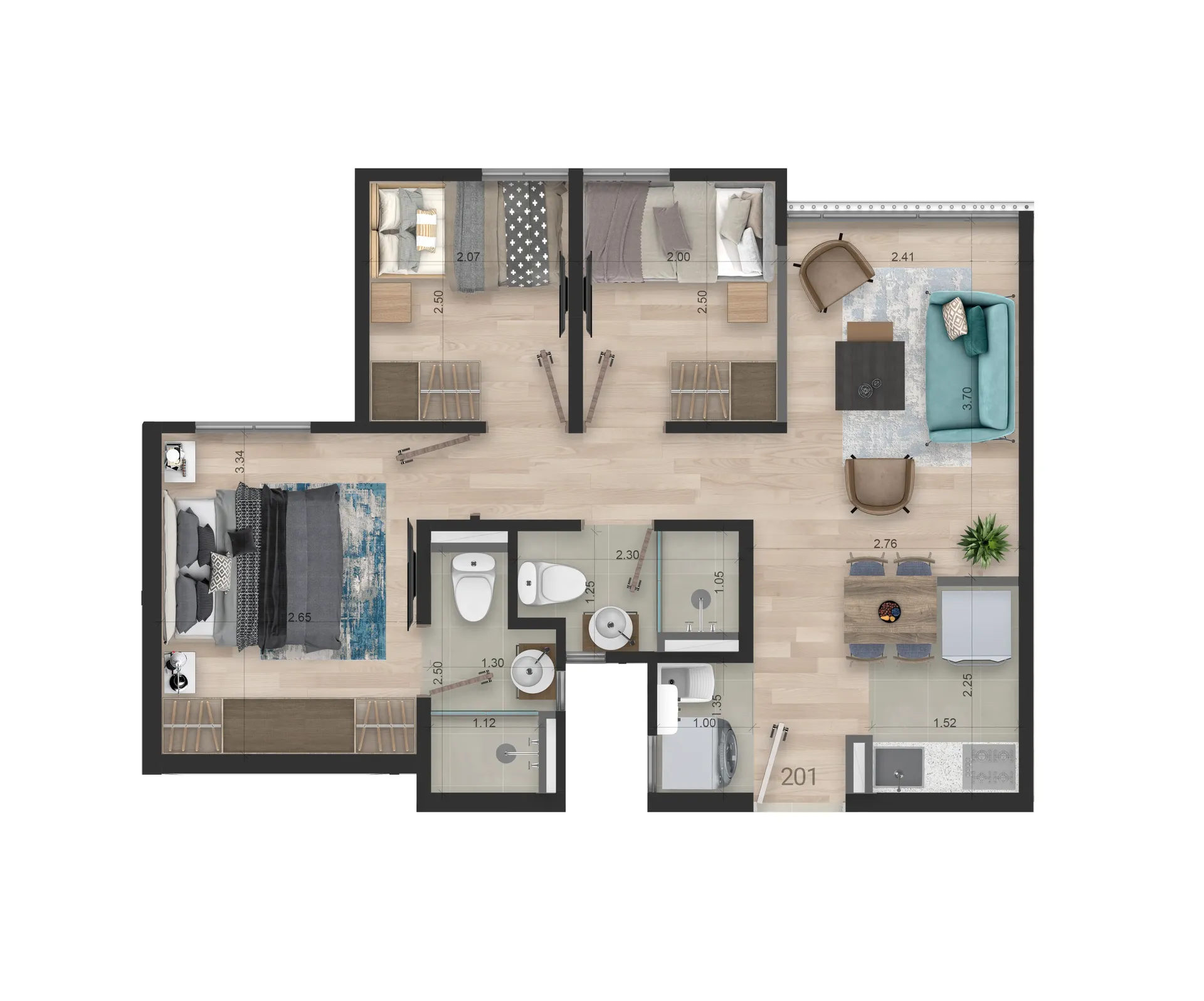 Render interior del apartamento con acabados en Mirador del Sol