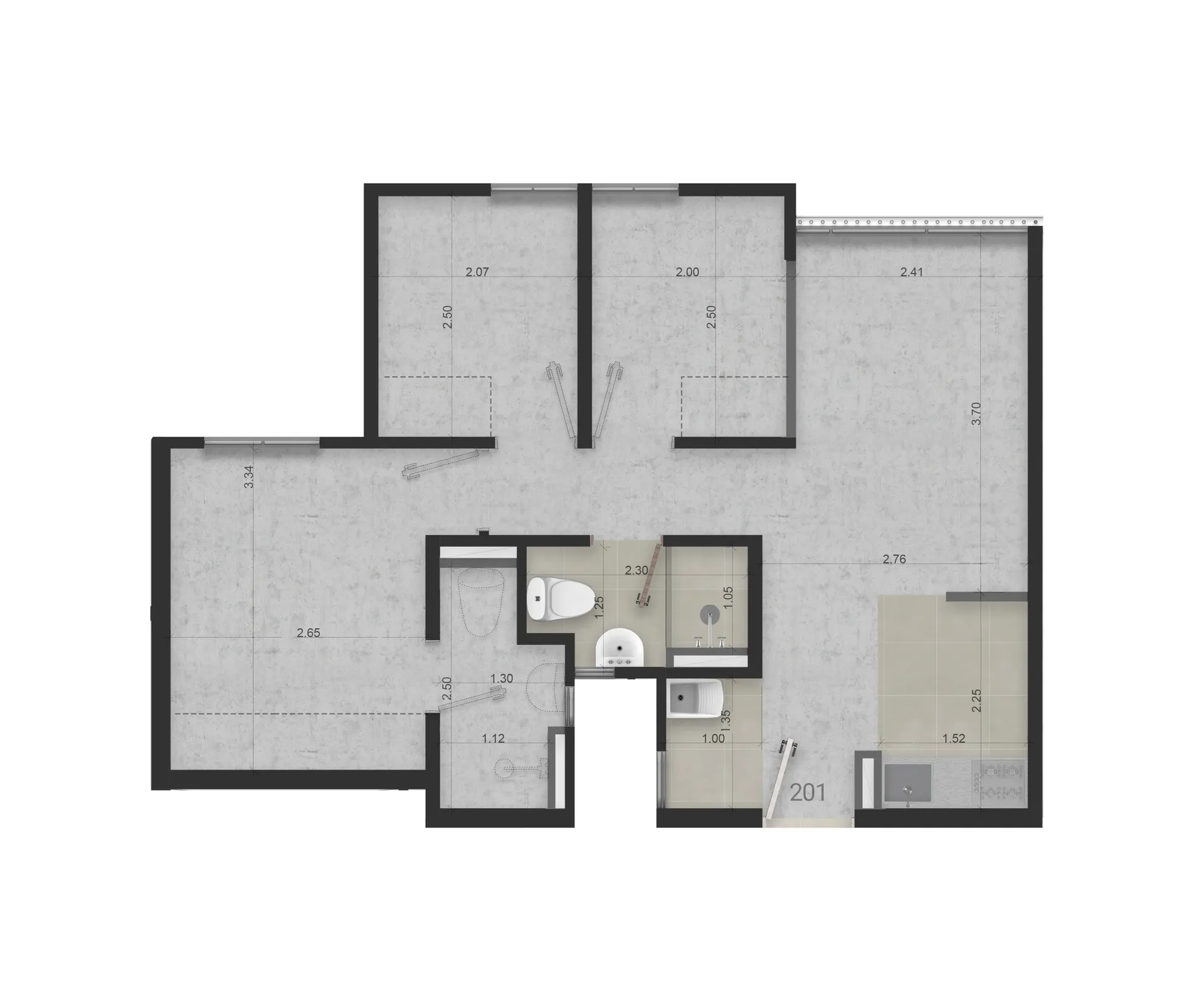 Render interior del apartamento en obra gris en Mirador del Sol