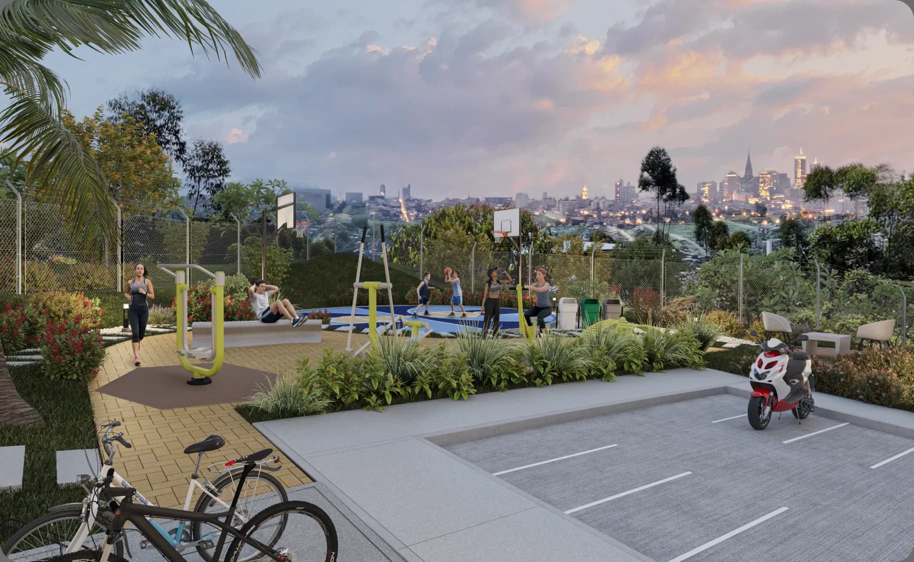 Zona deportiva y de bicicletas del conjunto Mirador del Sol con vista a Manizales